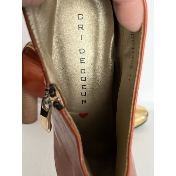 Cri de Coeur •11• Ankle Boots Heels Round Orange Gold Cap Toe Zip Wood Stacked - Picture 7 of 11